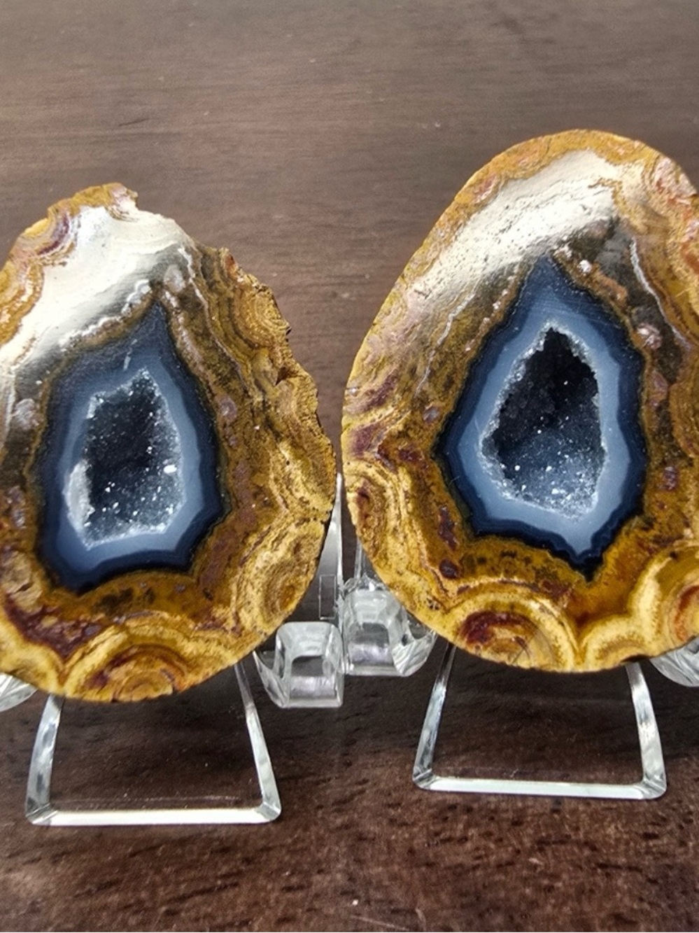 Natural Yellow-Brown Agate Geode Pair with Blue Crystal Centers